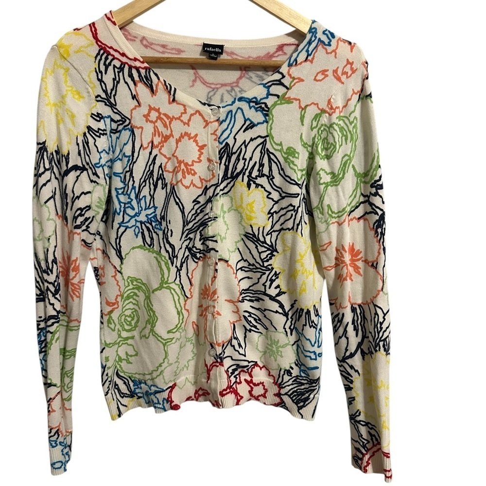 Rafaella Green Orange Floral Cardigan Button Down Cotton Sweater Womens Large